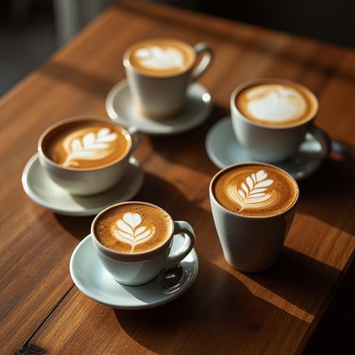 Et utvalg av forskjellige kaffedrikker på et trebord.