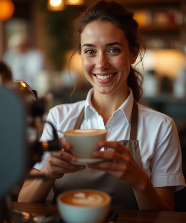 En smilende barista som tilbereder en cappuccino.